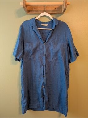 Everlane 100% Linen Workwear Shirt Dress Sz  L Blue Pockets Minimalist W/ Button